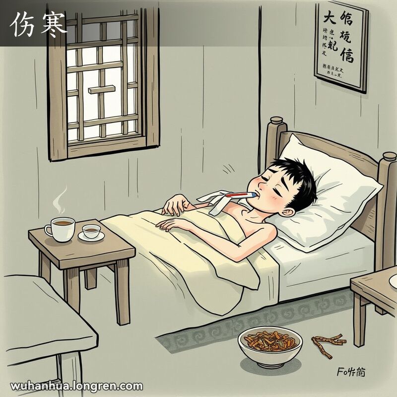 一位病人躺在床上，口中含着体温计，背景是传统武汉家庭环境，床头柜上有草药和热水，病人额头上覆着湿布。