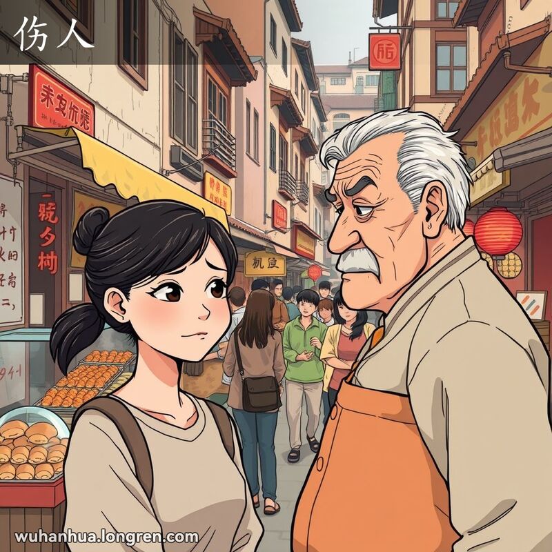 一位年轻女子在武汉街市小吃摊前，脸上带着失望和受伤的表情，摊主严厉说话，背景是热闹的市场和老建筑