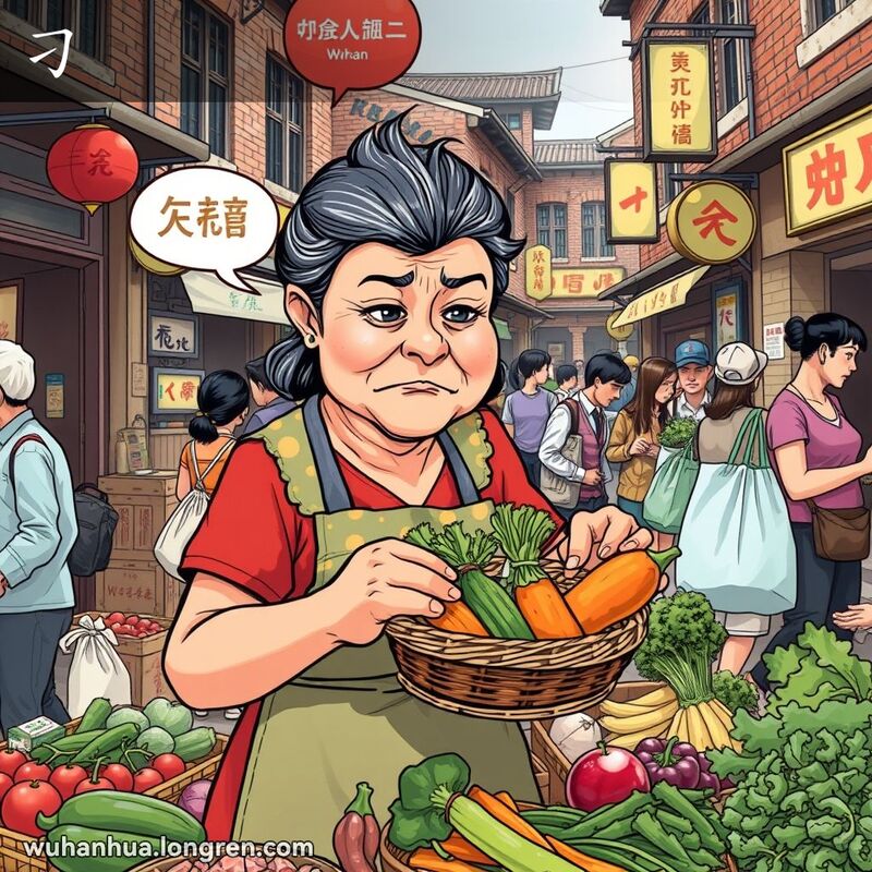 一位中年妇女在武汉街市上挑选蔬菜，脸上带着“刁”的表情，背景是繁忙的街市景象