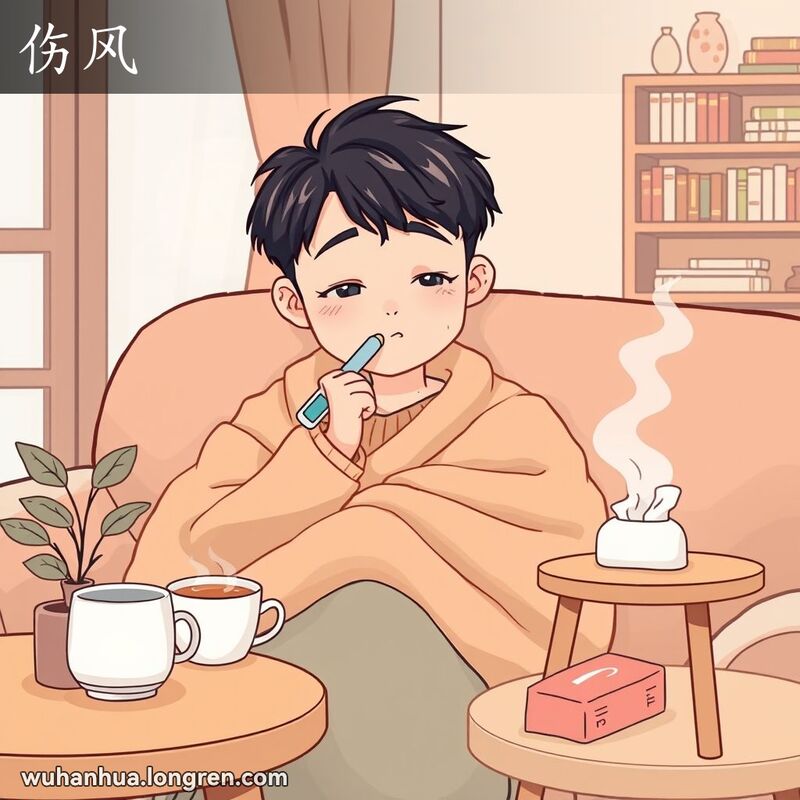 一位年轻的武汉市民裹着毯子坐在沙发上，口中含着体温计，旁边有纸巾和热茶，表现出感冒的症状。