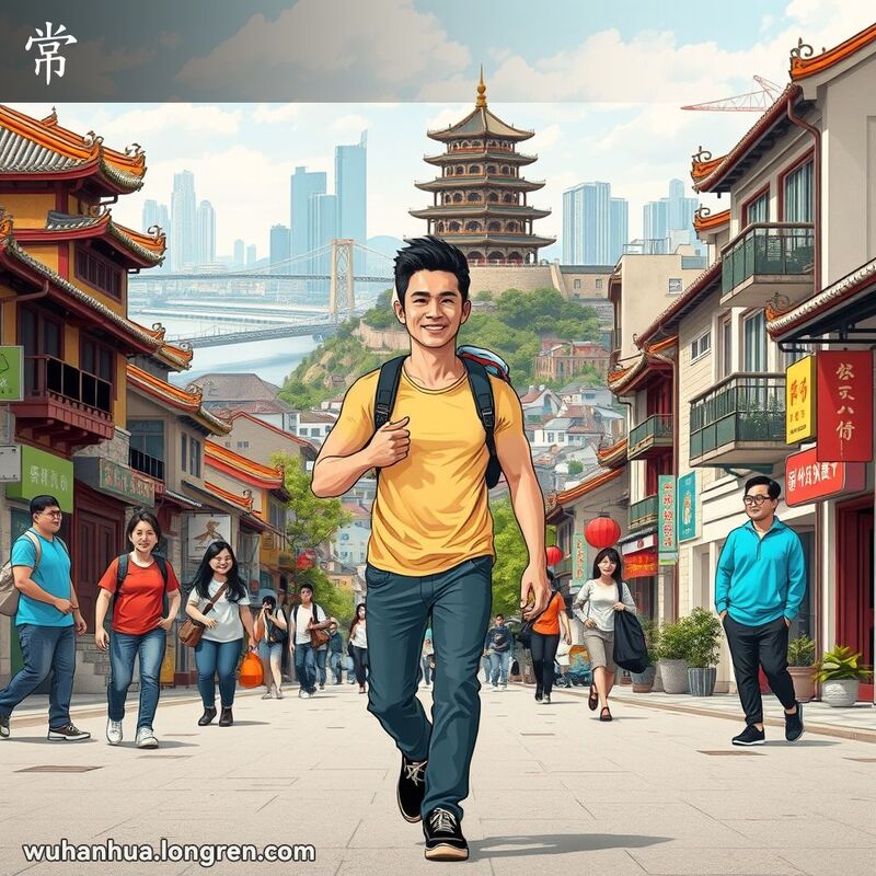 一位年轻男子在武汉街头自信地行走，胸膛挺起，背景中有朋友观看，画面融合漫画和传统中国元素。