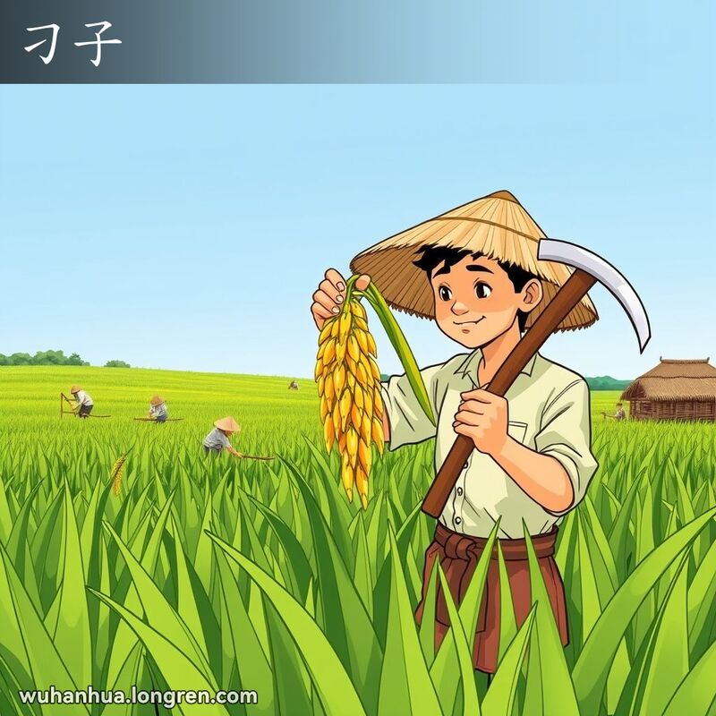 一位农民在稻田中检查成熟的稻穗，背景是其他农民在田间劳作的场景