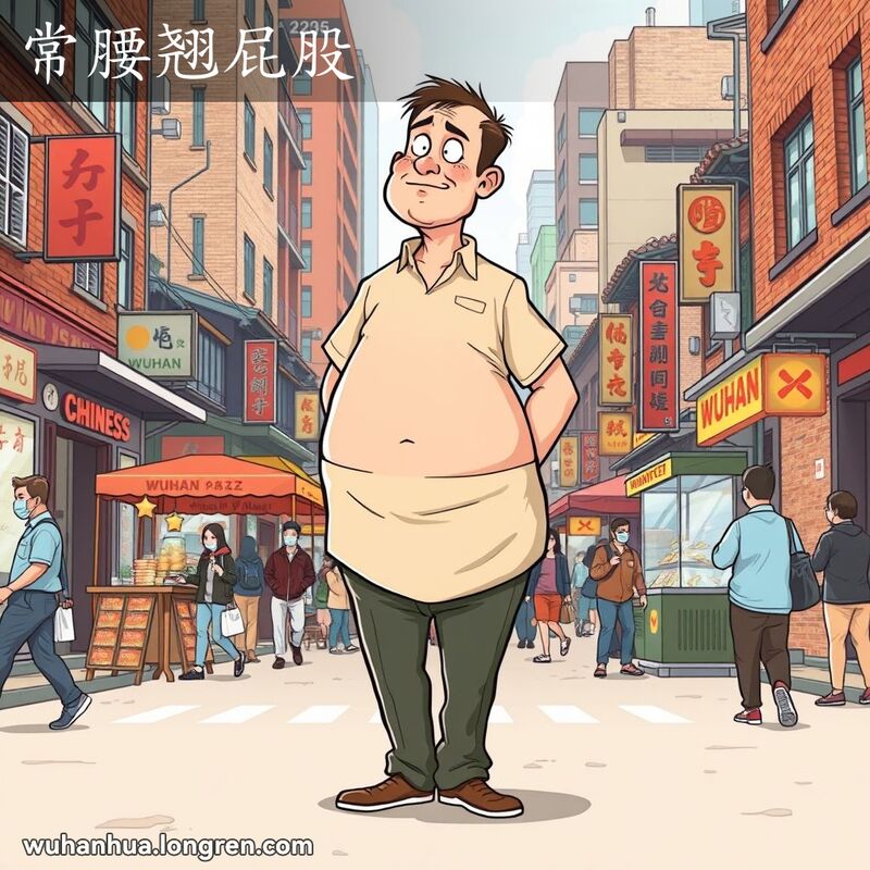 一位身材不协调的男子站在武汉街头，腰部过长，屁股突出，显得非常尴尬，背景是武汉的传统街景。