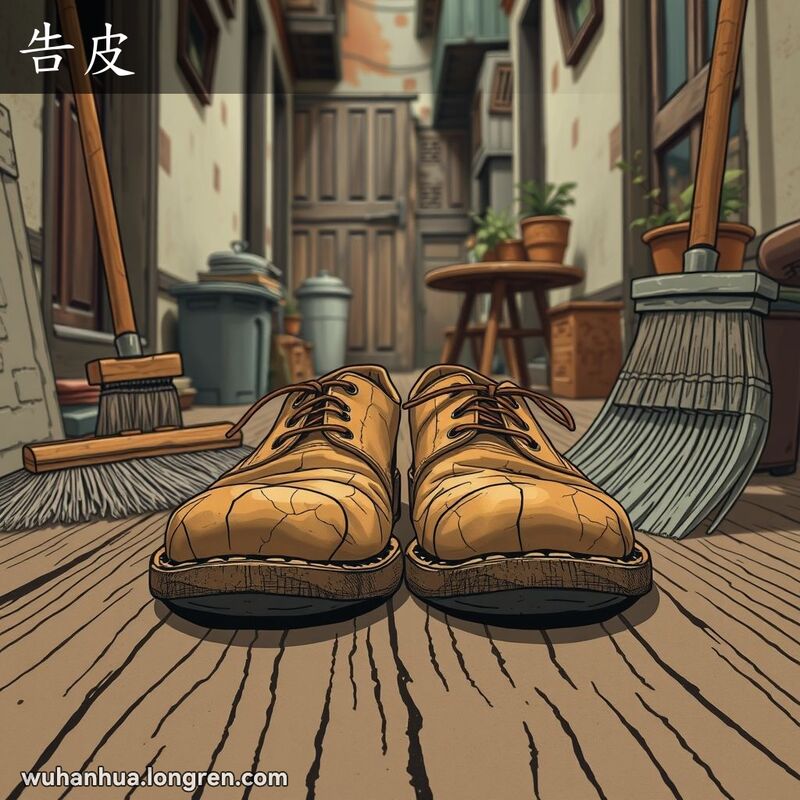 一双干裂的皮鞋放置在木地板上，周围是旧扫帚、旧椅子和小盆栽，背景是武汉老巷子。