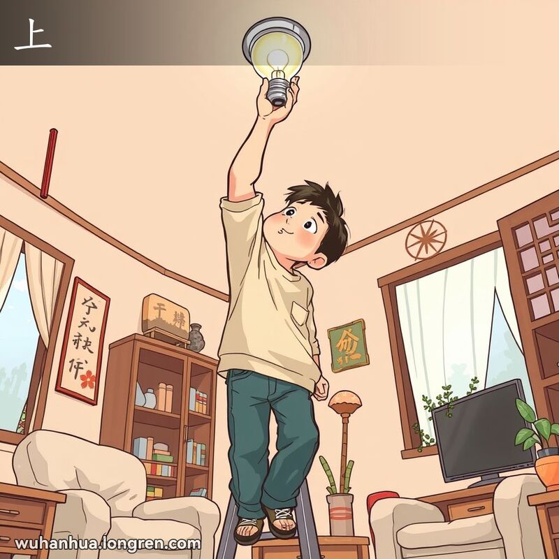 一位武汉市民站在梯子上修理天花板上的灯泡，背景是武汉家庭场景