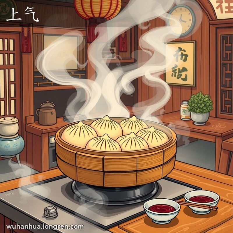 一个传统的武汉厨房，竹蒸笼在炉子上蒸着包子，蒸汽冒出，表明包子已经蒸熟。