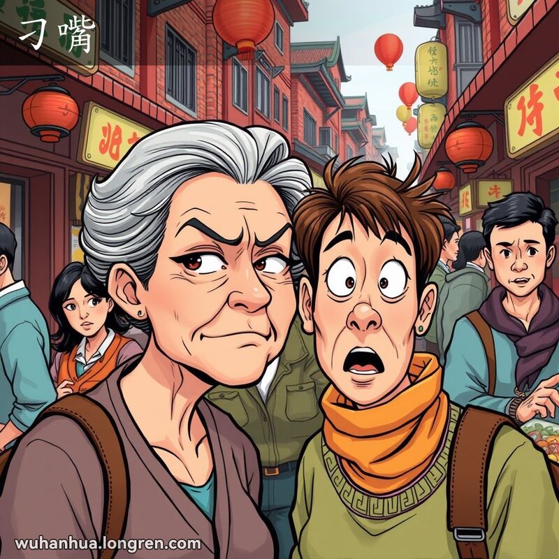 一位中年妇女在武汉市场上挑拨是非，背景是热闹的市场场景