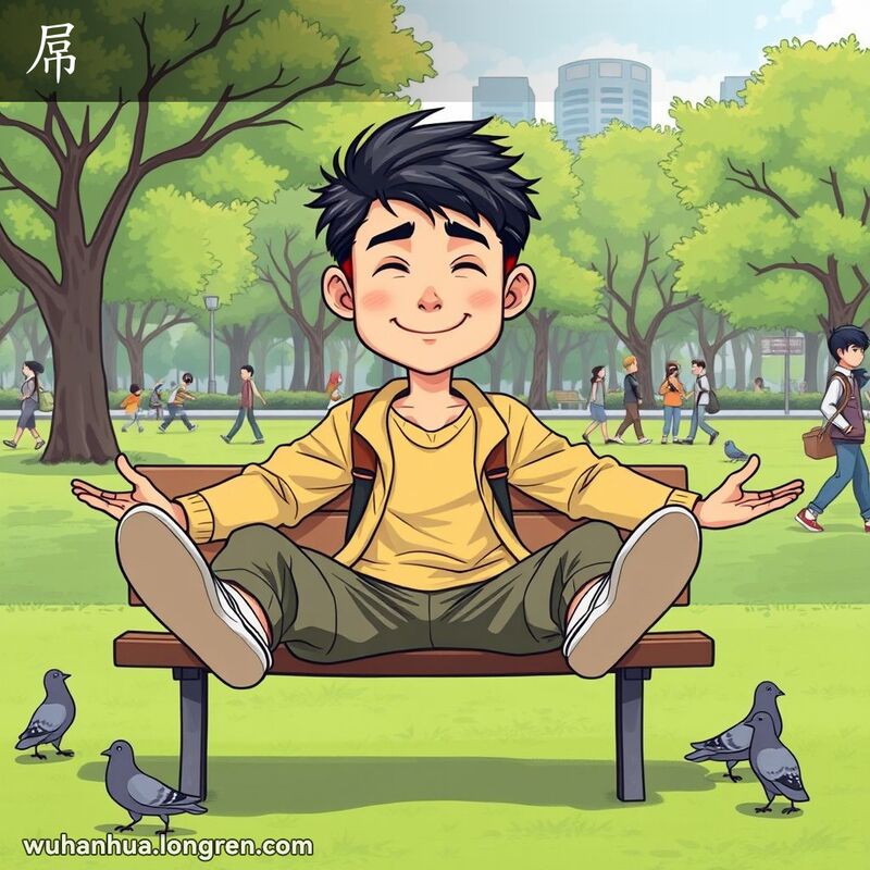 一位武汉年轻人坐在公园长椅上，表情轻松懒散，背景是绿意盎然的公园
