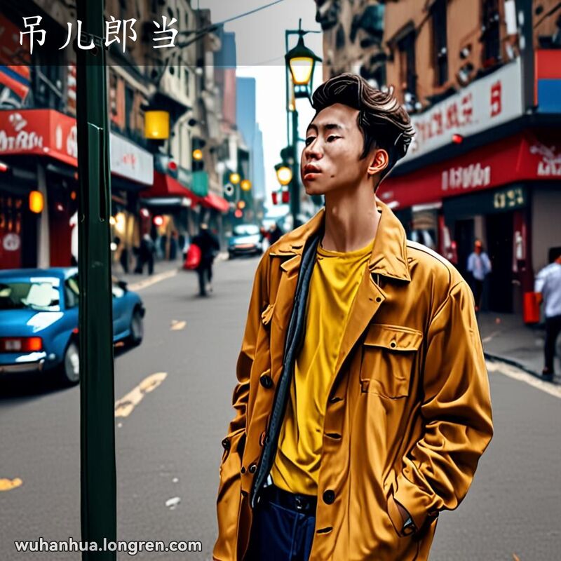一位年轻的武汉男子倚靠在街头路灯杆上，衣着随意，表情漫不经心，背景是繁忙的武汉街道。