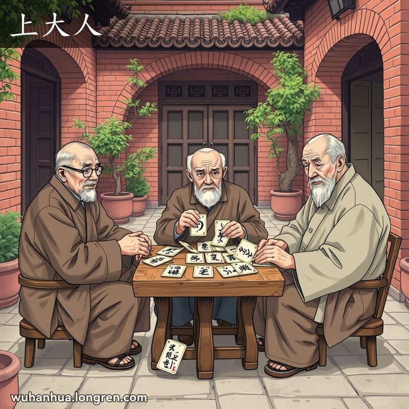 三位老人在武汉传统院落中玩“上大人”纸牌游戏，背景是红砖墙和绿植