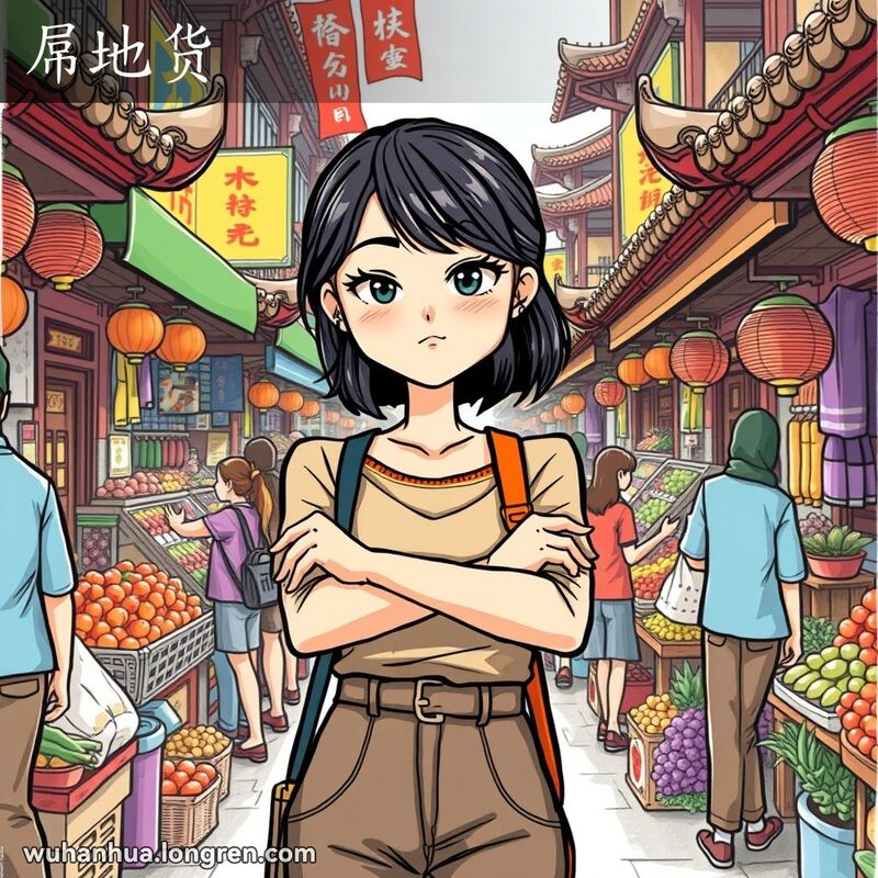 一位年轻女子在武汉街头市场中撅嘴撒娇，背景是繁忙的市场景象