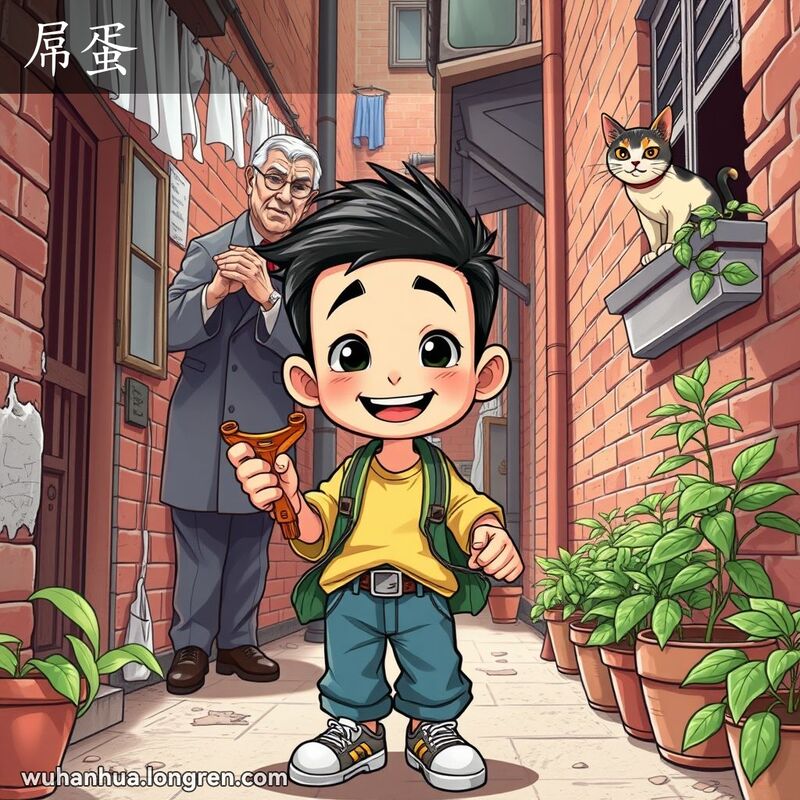 一位武汉小男孩手持弹弓，站在传统巷子里，脸上带着淘气的笑容，背景中有邻居老人和好奇的猫