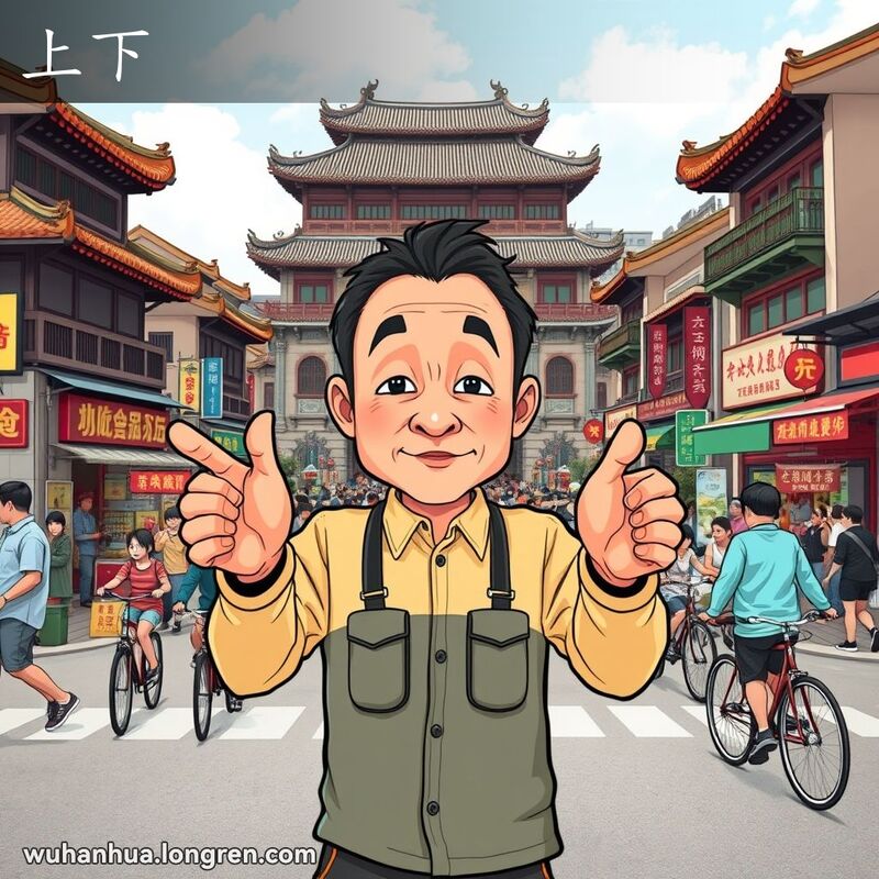 一位武汉男子站在街道交叉口，用手势指示左右方向，背景是武汉老街景