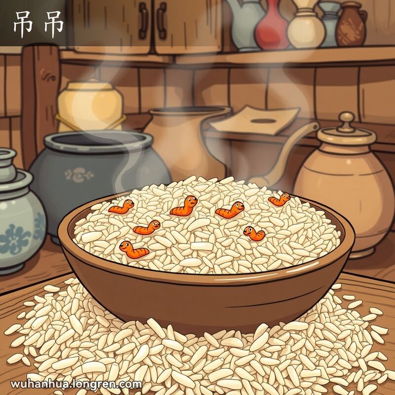 一碗米饭中有几只小虫子在爬行，背景是传统的武汉厨房。