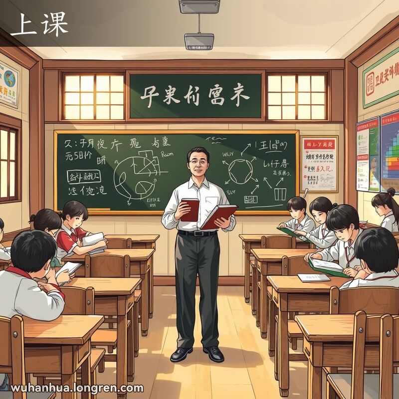 武汉学校教室里，老师站在黑板前，学生们专注听讲，阳光从窗户洒进来。