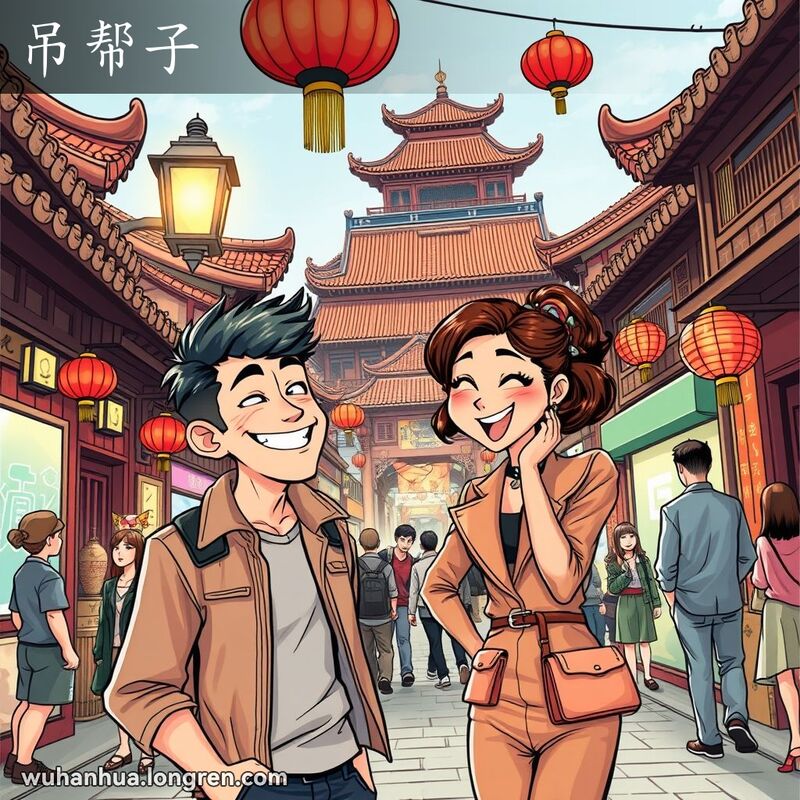 武汉老街上，一对年轻男女在调情，男子靠近女子，女子娇羞推开，背景有老式街灯和路人。