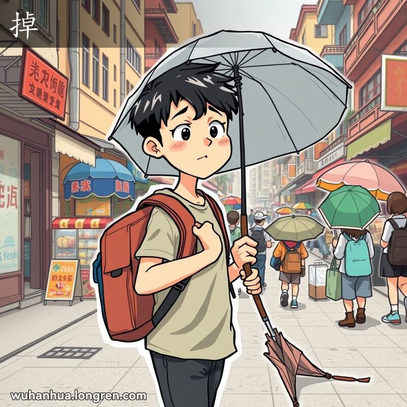 一位年轻学生在武汉街头行走，雨伞从手中滑落，掉在地上，背景是武汉街景