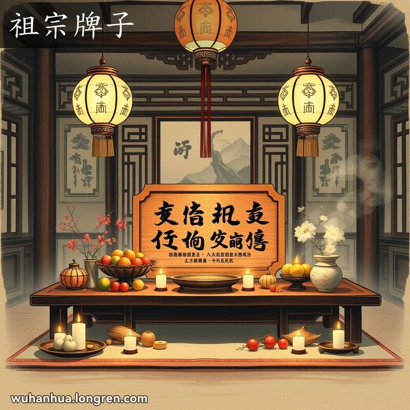 传统中国家庭祭坛，中央摆放祖宗牌子，周围有水果和香烛