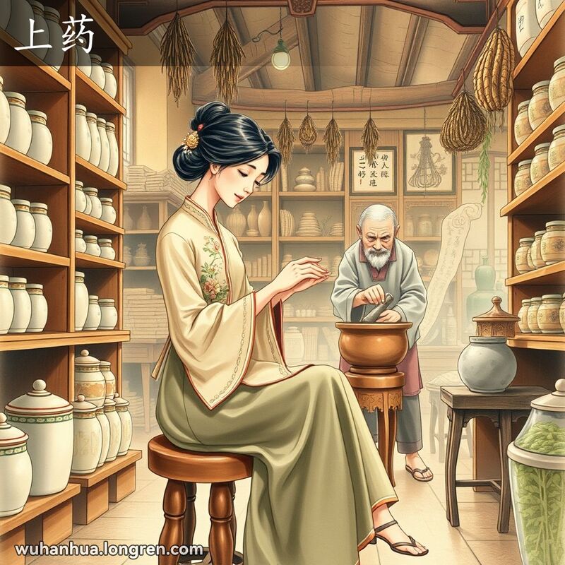 一位年轻女子在中药店内坐在木凳上，小心地将草药膏涂抹在手臂上的小伤口上，背景有中药罐和草药。