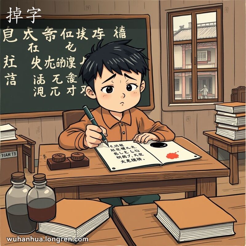 一位学生在传统教室里写字时遗漏了两个字，表情沮丧，背景是黑板和武汉老街景。