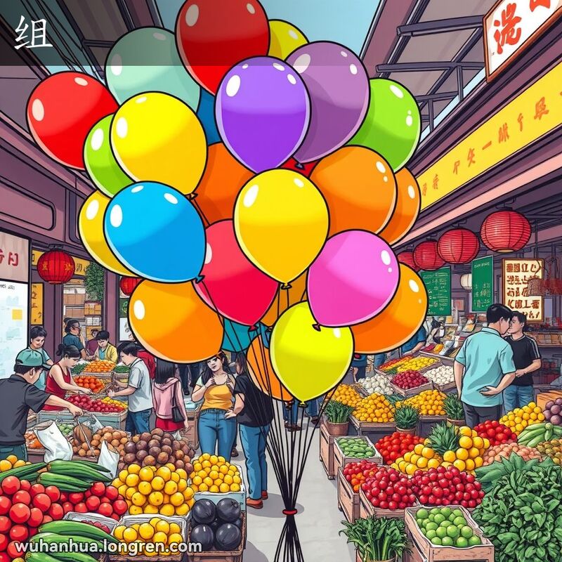 武汉市场前景中有一组五彩缤纷的气球，背景中有成组的水果、蔬菜和其他商品，摊主与顾客互动。