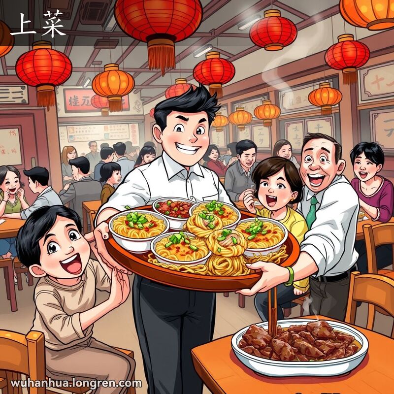 一位服务员在武汉餐馆内将热气腾腾的菜肴端上桌，家庭成员们兴奋地等待品尝。
