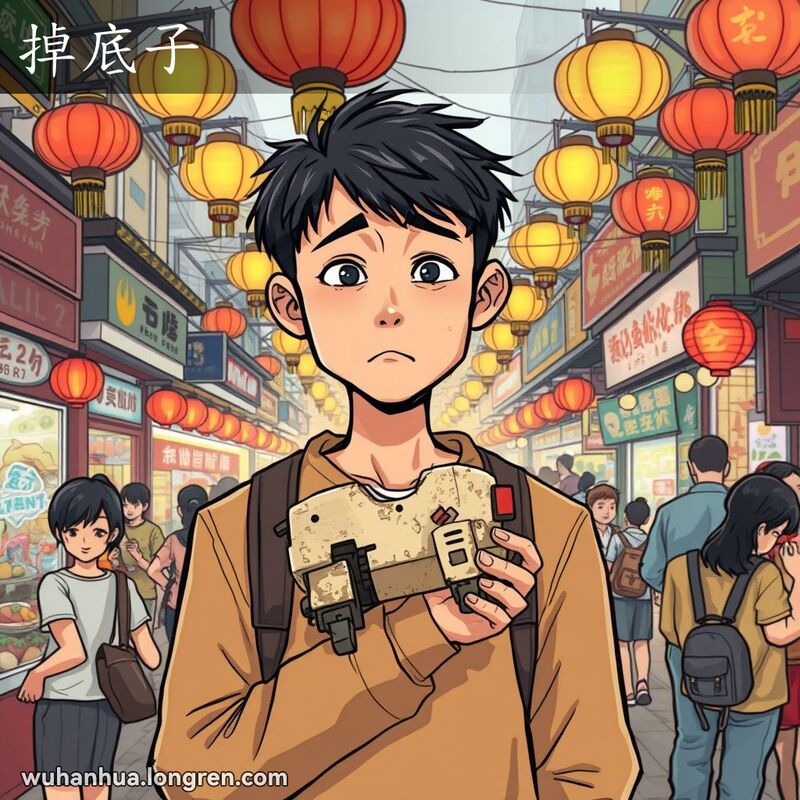 一位武汉男子站在市场中，手持破旧玩具，露出“掉底子”的表情，背景是繁忙的市场景象