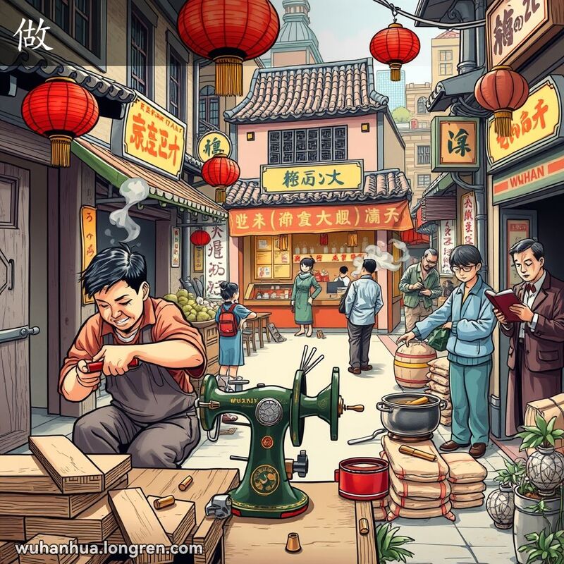 武汉街头，工匠建房，裁缝缝衣，餐馆飘香，商人谈生意，劳工搬运，学者阅读，展示“做”的多种含义。