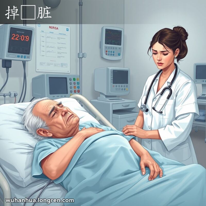 一位老年病人躺在医院病床上，表情痛苦，护士在旁边检查生命体征，背景是医院环境