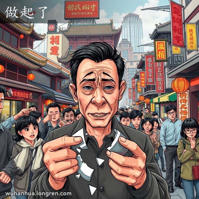 一位男子在武汉街头手持破损物品，表情懊恼，背景有围观群众，画面生动表现“做起了”的含义。