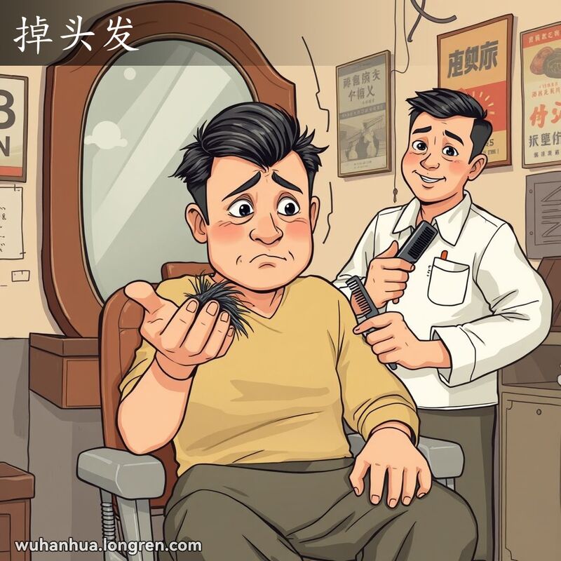 一位中年武汉男子坐在理发店的椅子上，手中握着掉落的头发，脸上露出担忧的表情，背景是复古风格的理发店