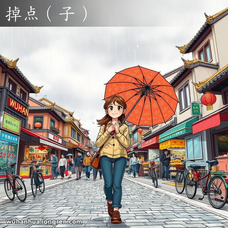 武汉街头，天空飘着稀疏的雨点，一位年轻女子手持彩色雨伞，微笑抬头看天，背景有小摊贩和行人。