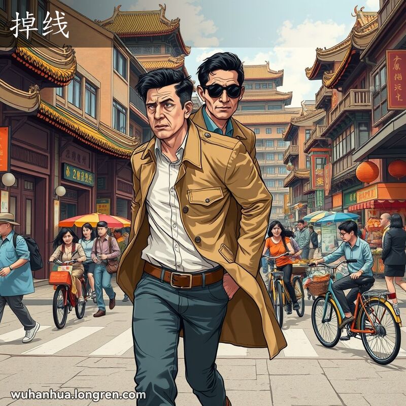 一位男子在武汉街头快步行走，回头张望，另一位男子紧跟其后，背景有行人和小摊贩