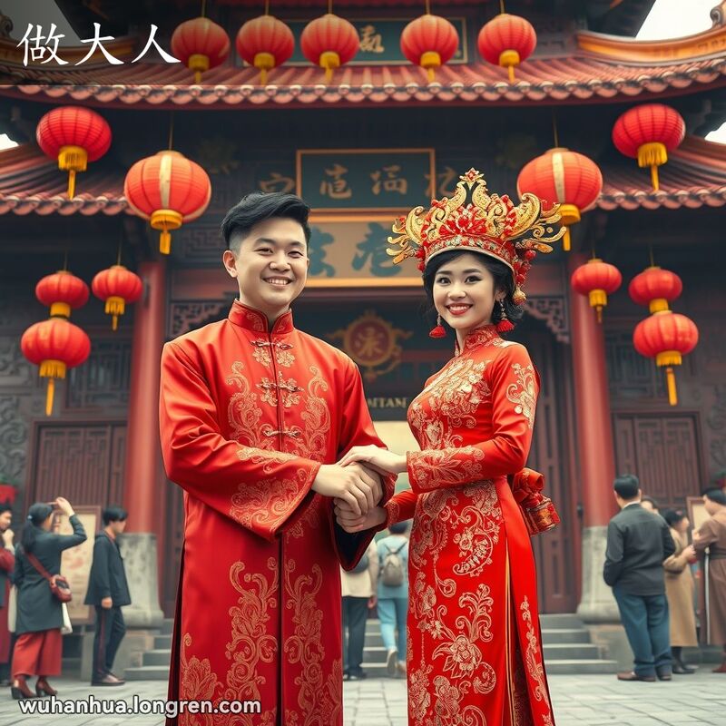 一对年轻新人穿着传统中式婚礼服装，站在武汉古老的庙宇前，背景是红灯笼和精美的雕刻，两人手牵手，笑容满面，周围是喜庆的装饰和祝福的人群。