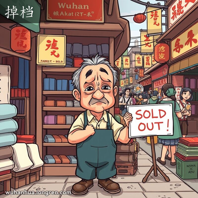 武汉市场街道上的布店店主站在店门口，面露失望之情，店内货架几乎空空如也，背景是繁忙的市场和热闹的街景。