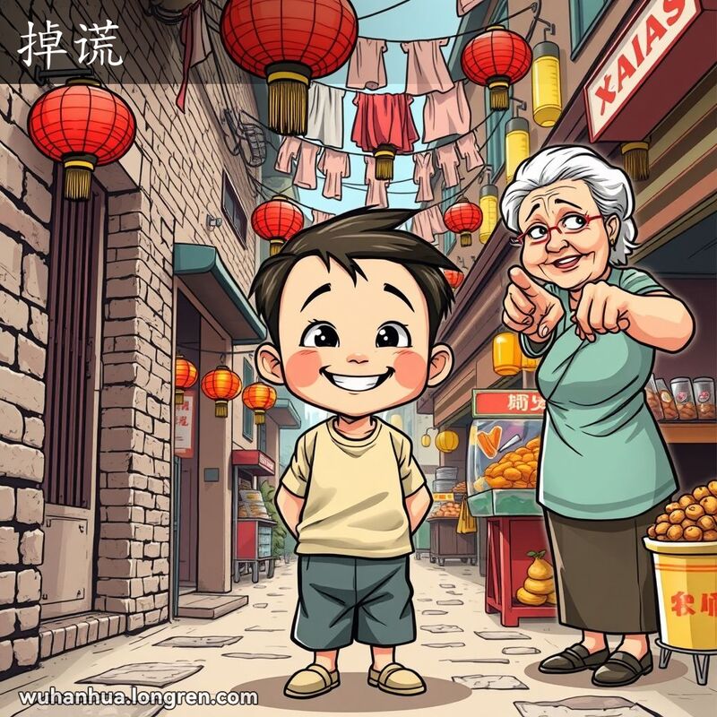 一个小男孩在武汉老巷子里被抓住说谎，背后是一位严肃的老妇人，背景有红砖墙和红灯笼