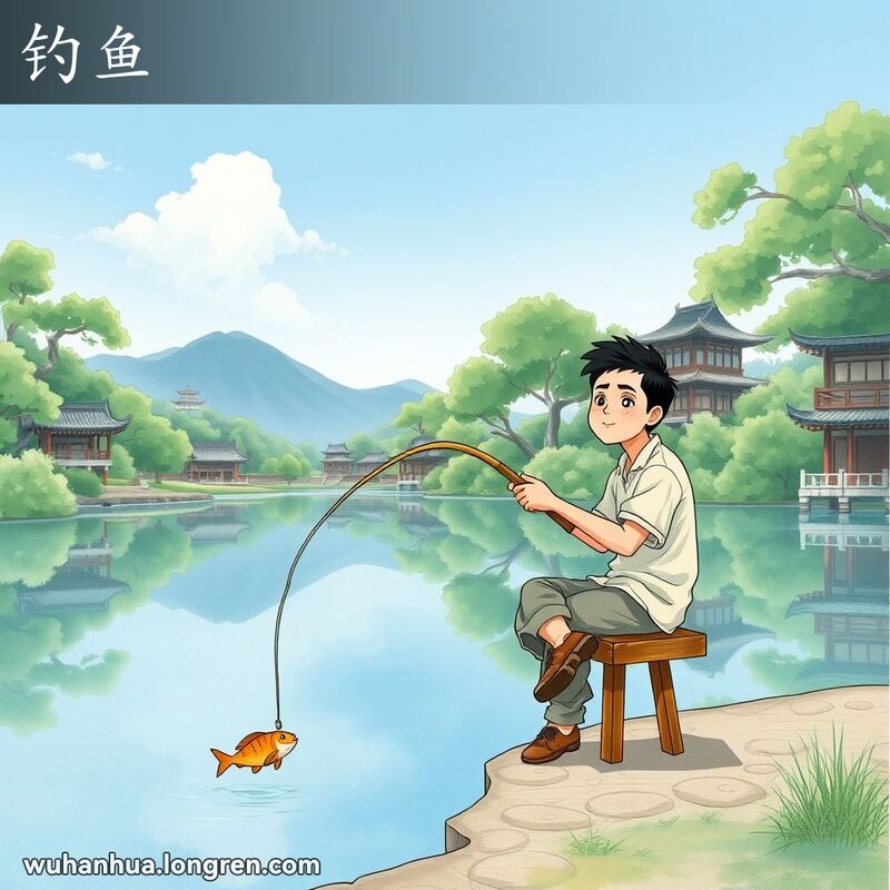 一位男子坐在湖边钓鱼，背景是绿树环绕的湖景和远处的山脉