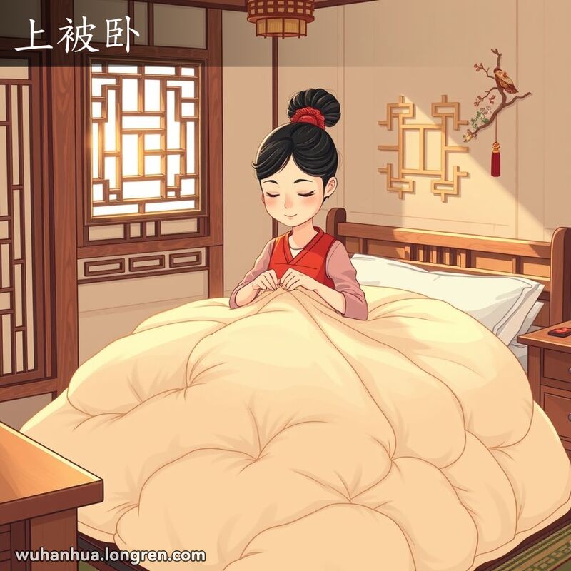 一位女性在传统中式卧室中，坐在床上，专注地缝制被子，表情宁静。