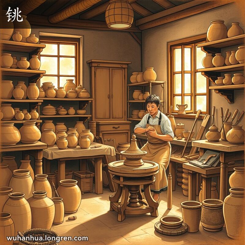 一位武汉陶艺匠人在陶轮前塑造陶土，背景是传统陶艺作坊，展示了“铫”的创作过程。