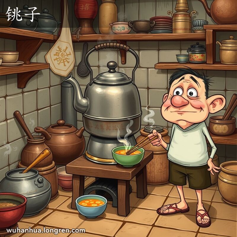 传统武汉厨房中，一个老式金属水壶在木炉上冒着热气，旁边站着一个古怪的人，手持水壶，露出疑惑的表情。