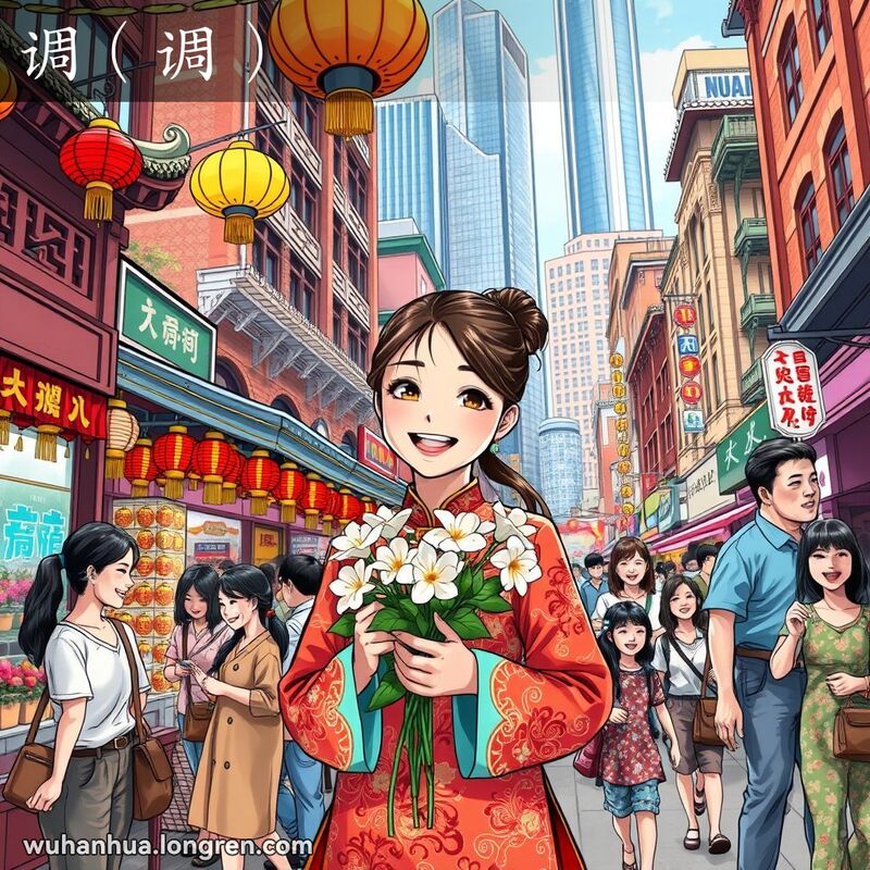 一位年轻女子在武汉街头市场手持茉莉花，周围是欢笑的朋友和家人，背景是老旧红砖墙和现代建筑。