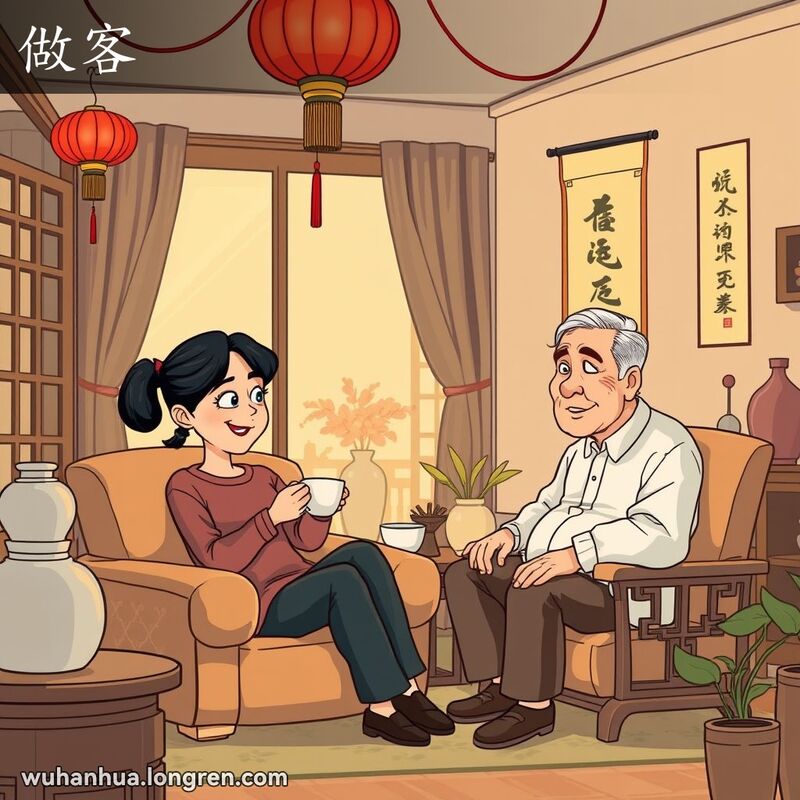一位客人在武汉传统家庭的客厅里，坐在沙发上，手持茶杯，与主人交谈，背景有红灯笼和书法卷轴。
