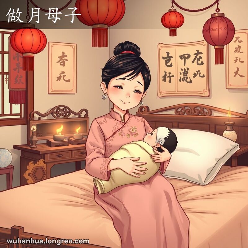 一位新妈妈在传统武汉家庭中，坐在床上，怀抱新生儿，背景有红灯笼和对联