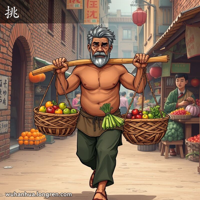 一位武汉男子用肩膀挑着装满蔬菜水果的竹篓，走在热闹的街市中