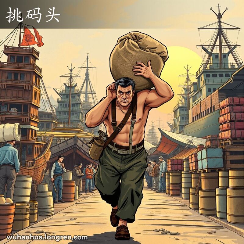 武汉旧式码头上，一位强壮的男子扛着重物，背景有木船和货船，码头工人忙碌的场景