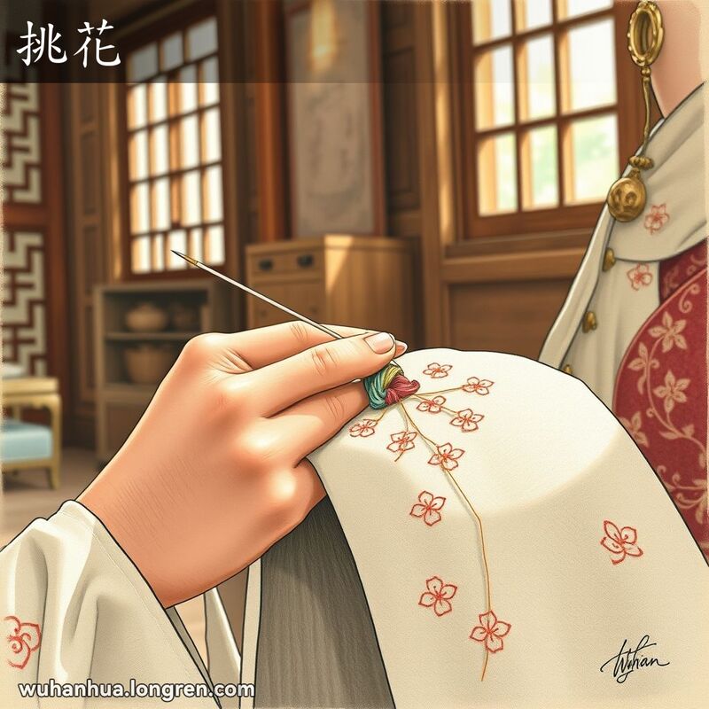 一位妇女在传统武汉家庭环境中进行挑花手工艺，手持针线在布料上绣制彩色小十字图案。