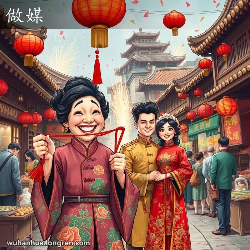 一位穿着传统服饰的媒人在武汉老街上手持红线，背景有红灯笼、鞭炮和热闹的市场