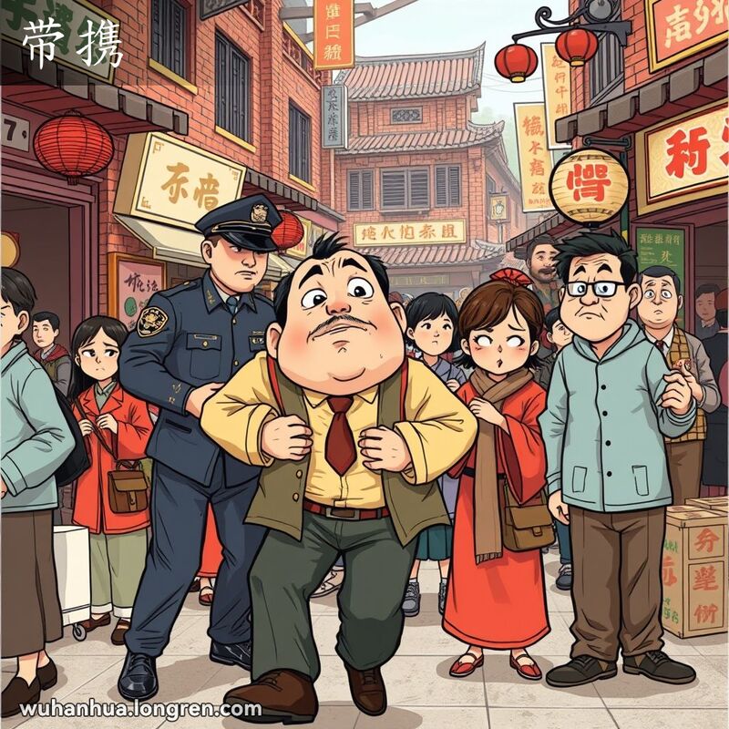 一位武汉男子被警察带走，另一位市民因此受到牵连，表情不满，背景是武汉老街景