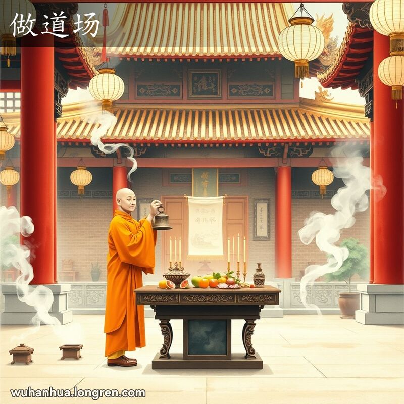 一位和尚在寺庙庭院中进行法事，手持法器和经书，背景是精致的寺庙建筑和祭坛