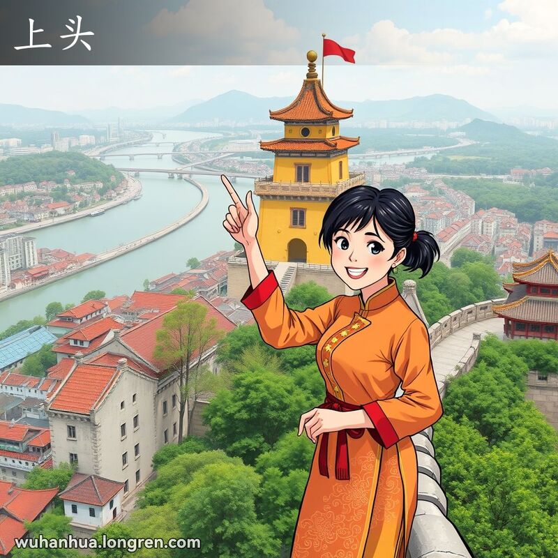 一位武汉女子站在古城墙上，指向高处，背景有黄鹤楼和长江